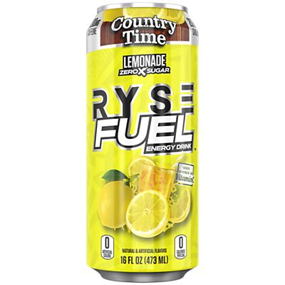 Front of Ryse Fuel Energy Drink can featuring Country Time Lemonade flavour, bright yellow design, and 473ml size label.
