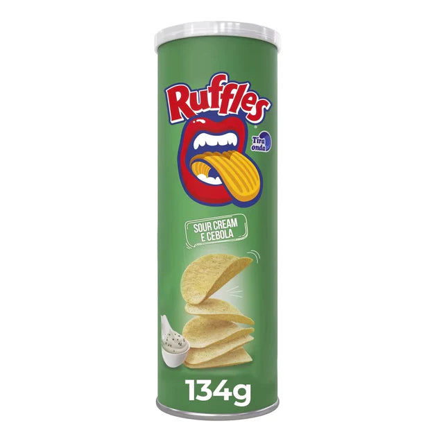 Front of Ruffles Sour Cream and Onion tube showing the logo, flavour label, and image of the crisps (134g pack)