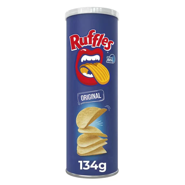 Front of Ruffles Original crisps tube showing the red logo, ridged potato crisps illustration, and 134g pack size.