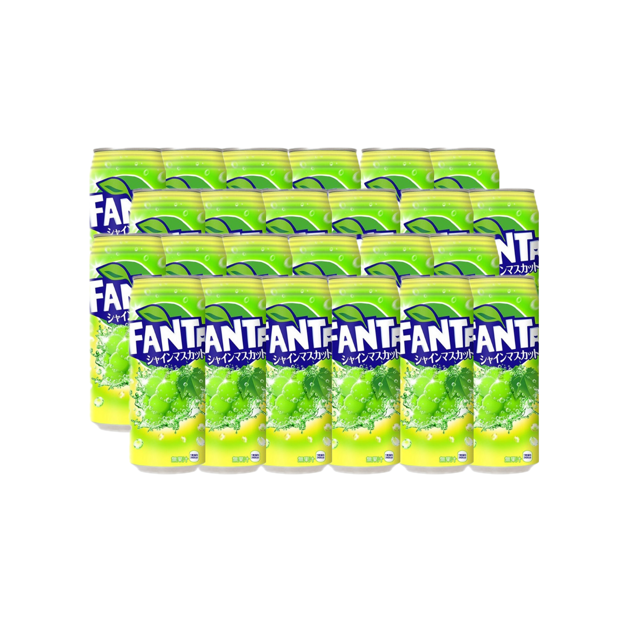 Front of Fanta Green Grape case showing vibrant green grape flavour label and 24 bottles of 500ml Fanta Green Grape
