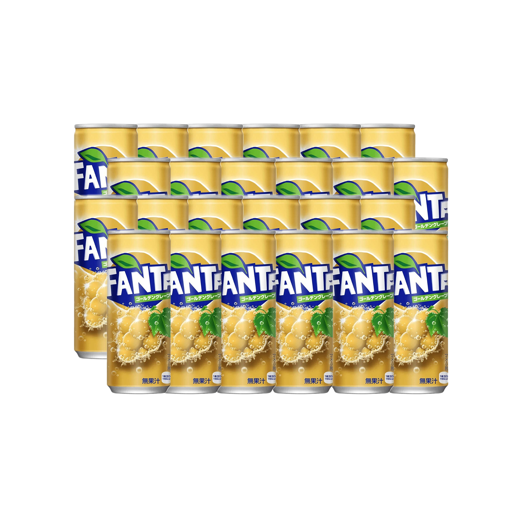 Front of Fanta Golden Grape case displaying the brand logo, golden grape flavour design, and pack size of 24 x 500ml bottles