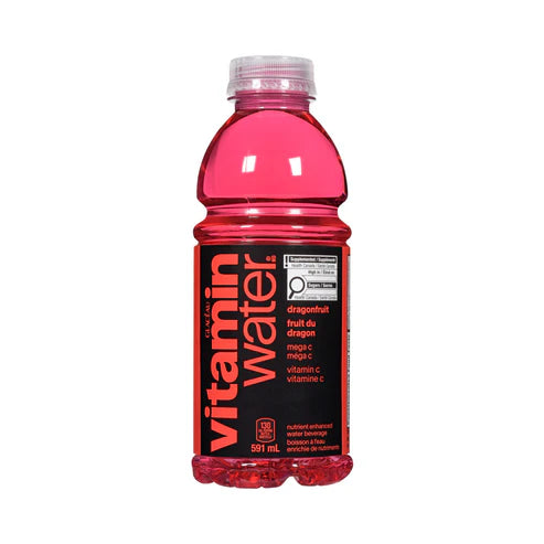 Front of Vitamin Water Dragonfruit bottle featuring the logo, vibrant dragonfruit colour, and 591ml size label.