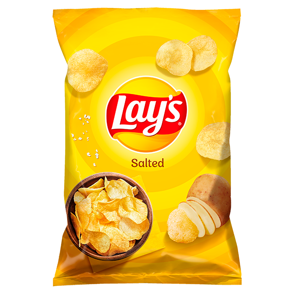 Front of a Lay's Salted bag showing the red logo, salted crisps, and a bowl of crisps (130g pack)