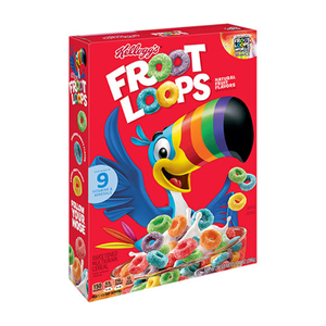 Front of Kellogg's Fruit Loops cereal box featuring the logo, colourful loops, and a cheerful toucan illustration (27g pack)
