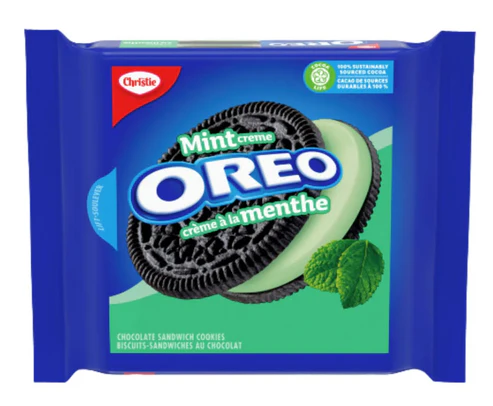 Front of Oreo Mint Creme Cookies pack displaying the Oreo logo, mint creme flavour, and chocolate sandwich cookies (261g pack)