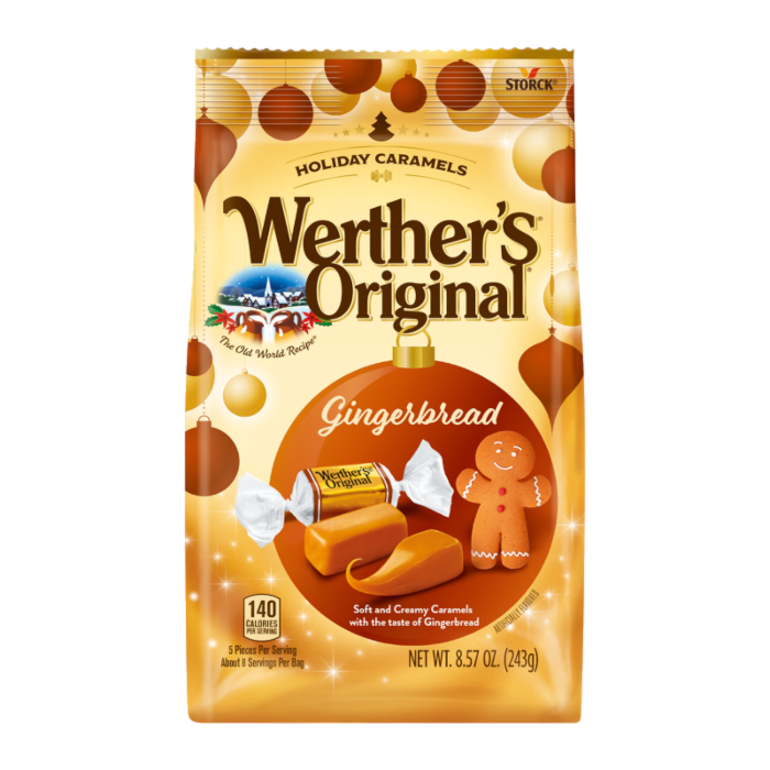 Front of Werther's Original Gingerbread Soft Caramels bag showcasing the logo, gingerbread flavour, and 243g pack size