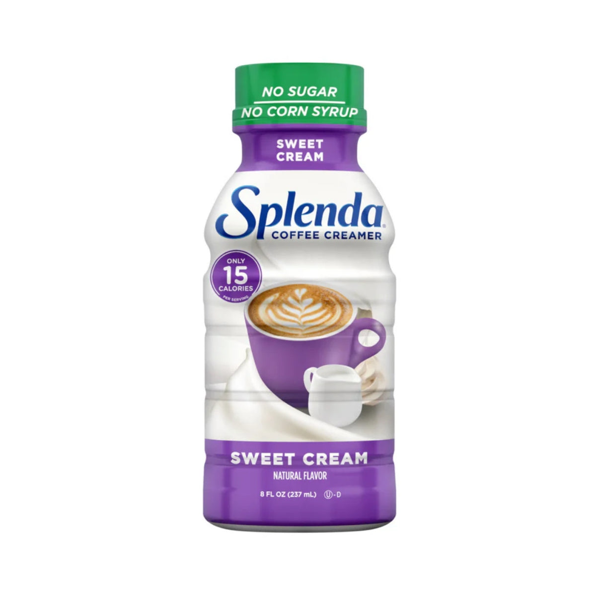 Front of Splenda Coffee Creamer Sweet Cream bottle showing logo, sweet cream flavour label, and a purple coffee cup with latte art (237ml)