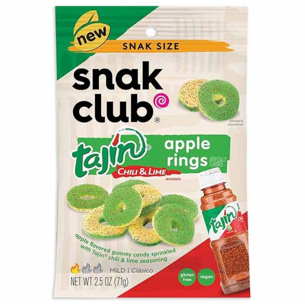 Front of Snak Club Tajin Apple Rings bag featuring green apple rings, Tajin seasoning, and “Snack Size” label (64g pack)