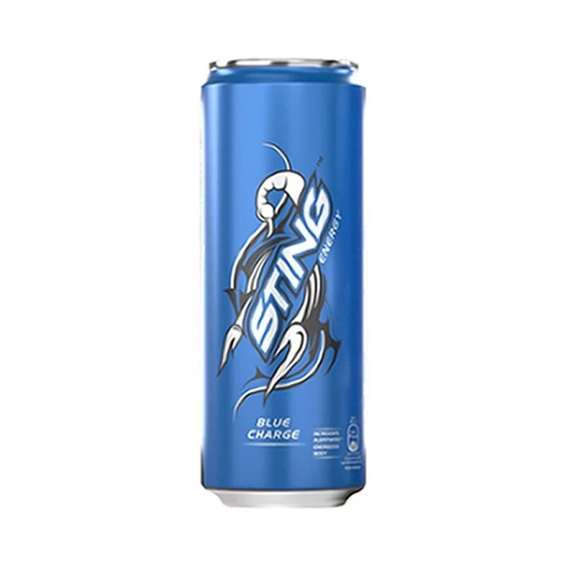 Front of Sting Energy Blue Charge can featuring bold blue and black logo with energy graphics, and 320ml volume displayed.