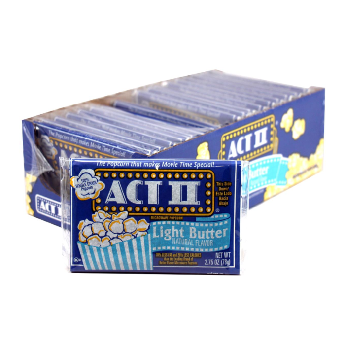 Front of a package of Act II Popcorn Light Butter (78g) with blue packaging featuring popcorn graphics and the product name.