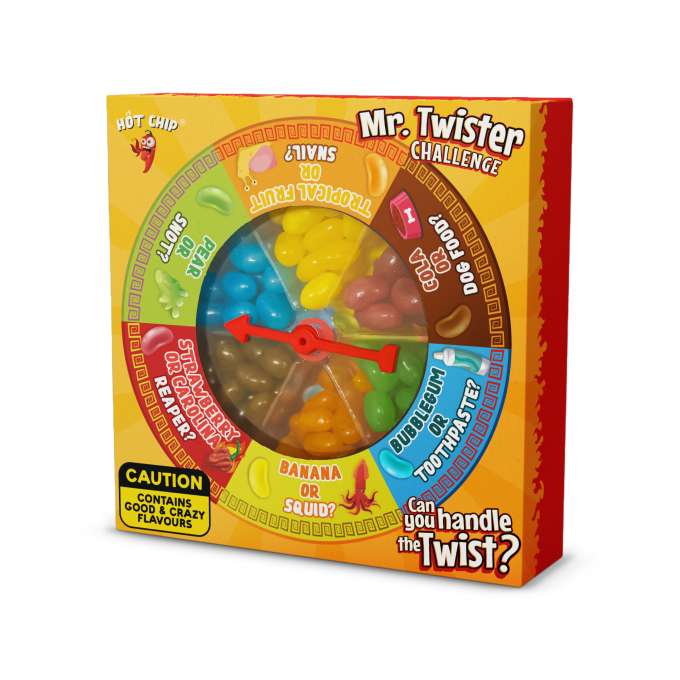 Front of Hot Chip Mr Twister Challenge box showing vibrant design, playful game elements, and 120g pack size