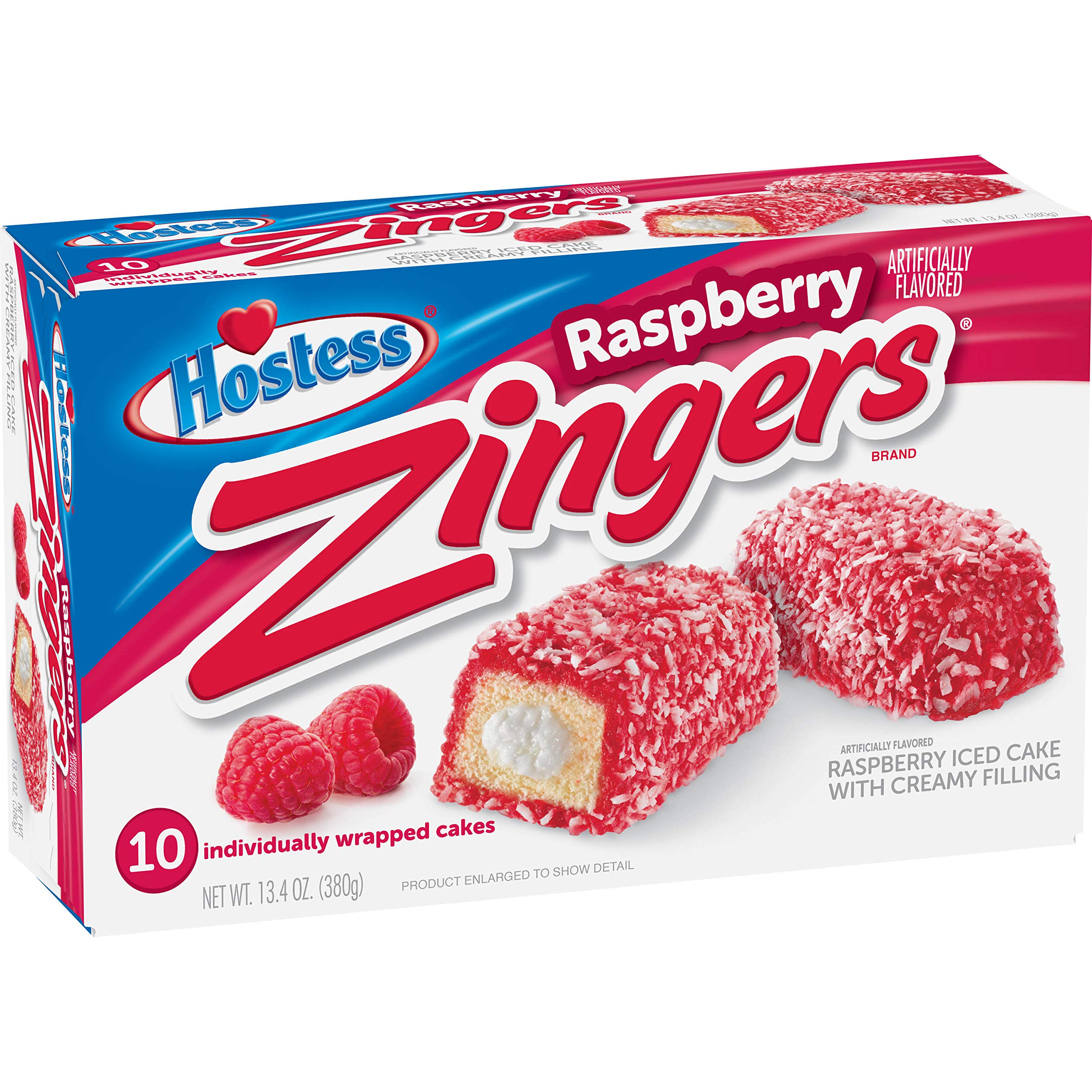 Front of Hostess Raspberry Zingers box showing vibrant packaging, raspberry iced cakes, and text indicating 10 individually wrapped cakes (380g pack)