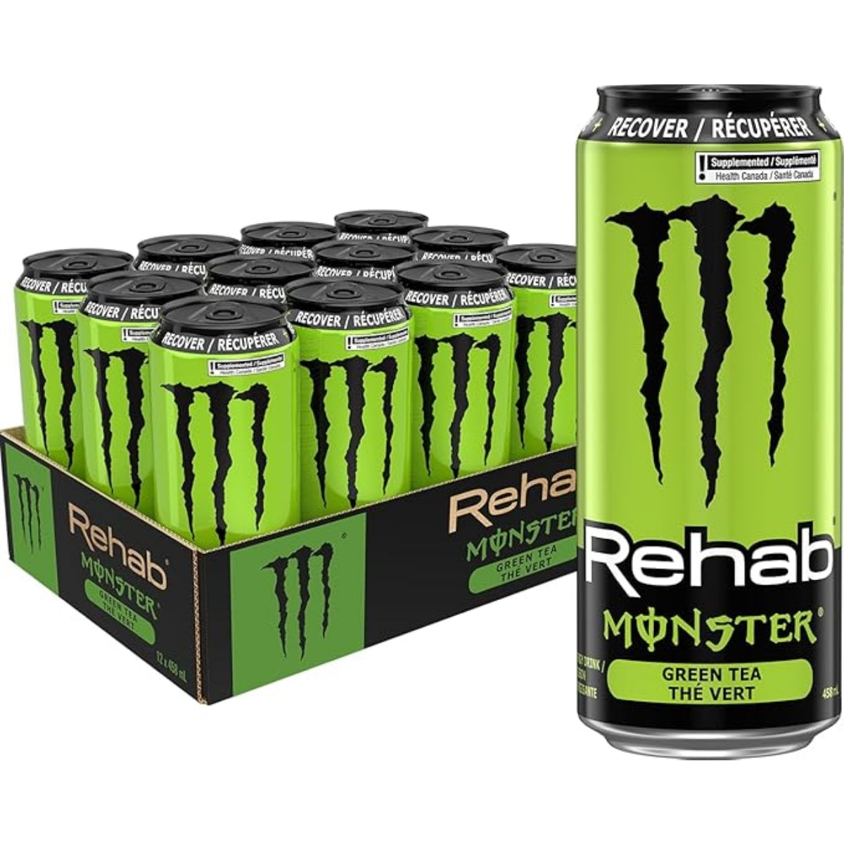 Front of Monster Rehab Green Tea 12 pack showing bright green cans with logo and green tea flavour label (12 x 458ml)