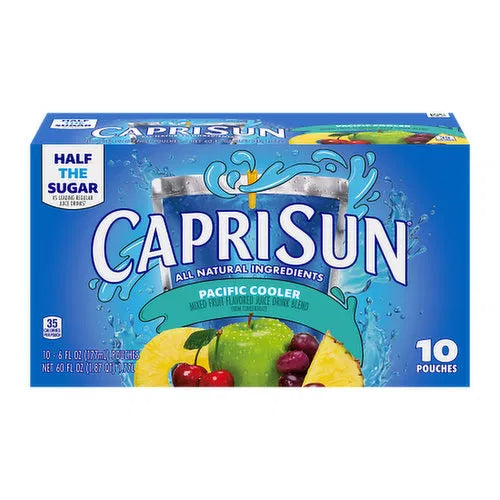 Front of Capri Sun Pacific Cooler box showing blue and yellow logo, tropical fruit imagery, and pack size (Case of 10 x 177ml)