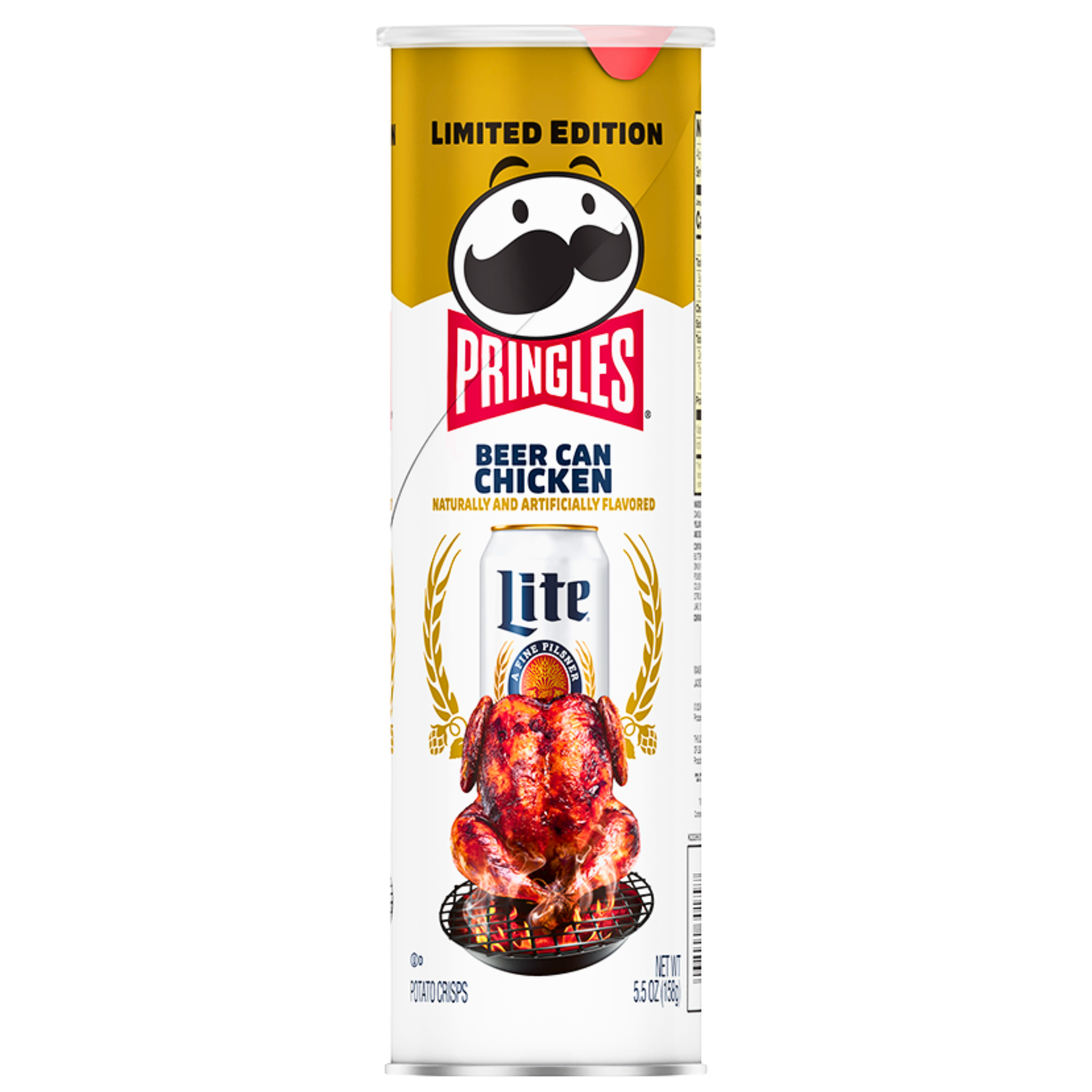 Front of a Pringles Beer Can Chicken canister showing logo and image of grilled chicken on a beer can (158g)
