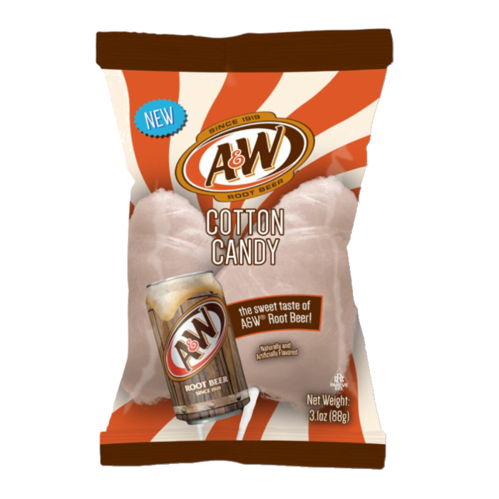 Front of A&W Cotton Candy bag featuring the A&W logo, root beer flavour, and 88g pack size with a colourful background and cotton candy image.