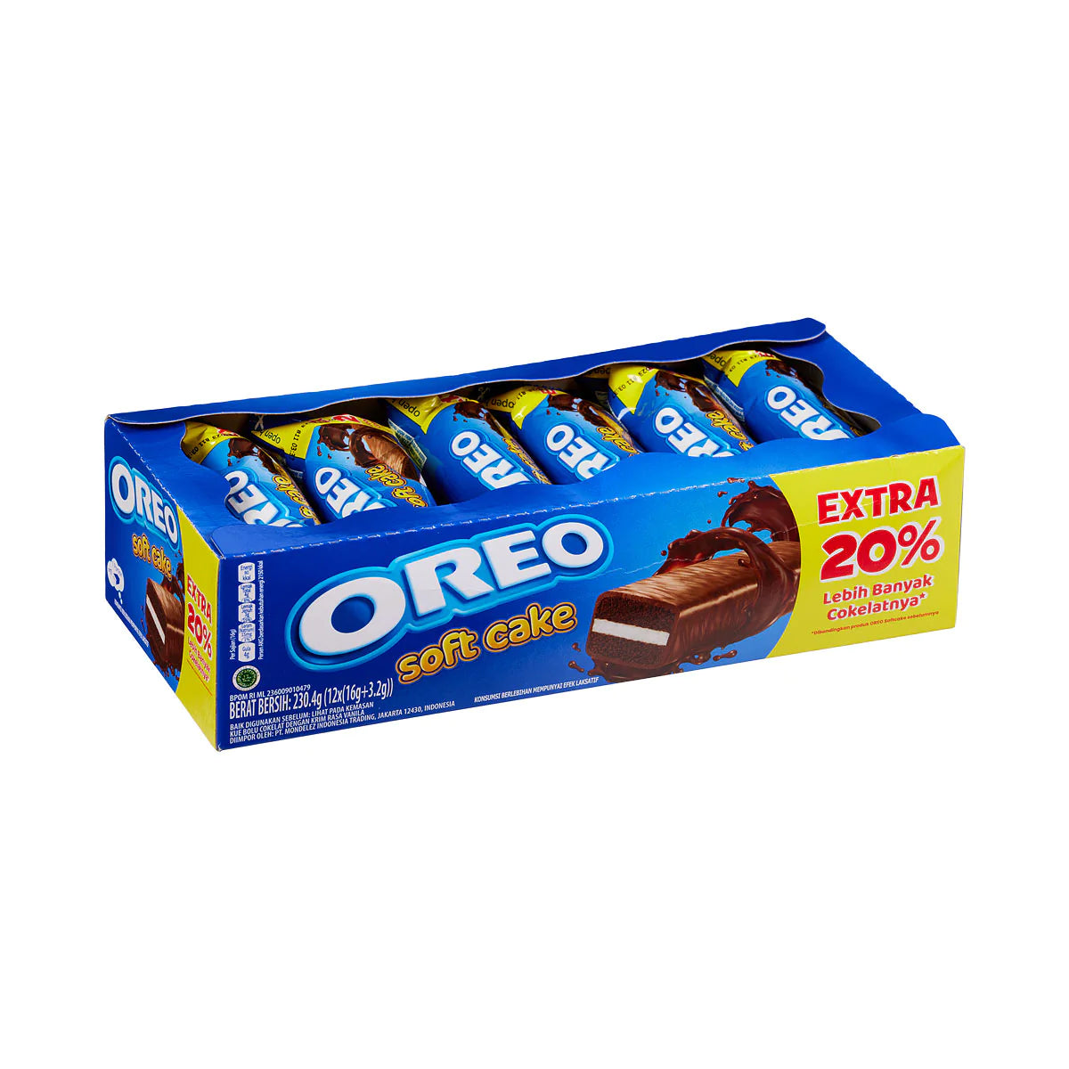 Front of Oreo Soft Cake 12 Pack showing blue packaging, chocolate soft cake, and cream-filled centre (192g pack)