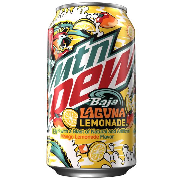 Front of Mountain Dew Baja Laguna Lemonade can featuring bold logo, vibrant colours, and mango lemonade flavour (355ml can)