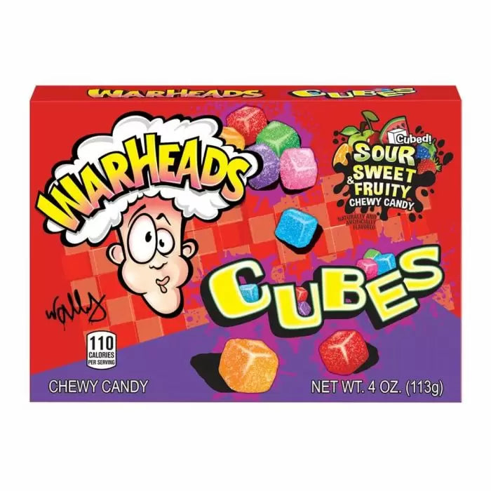Front of Warheads Sour Chewy Cubes Theatre Box showing bright red packaging, the Warheads logo, colourful chewy cubes, and pack size of 113g.