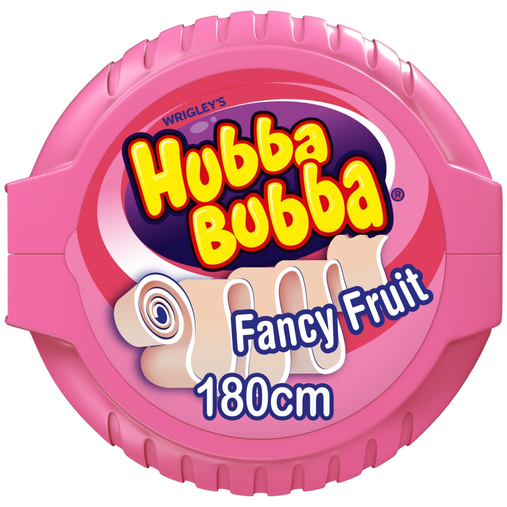 Front of Hubba Bubba Mega Long Fancy Fruit Bubble Gum package showing the logo, bright fruit theme, and 56g pack size.
