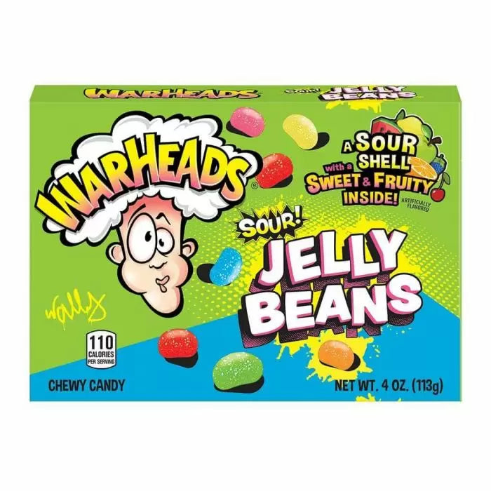 Front of Warheads Sour Jelly Beans Theatre Box showing fun branding, chewy candy visuals, and details in a vibrant 113g pack
