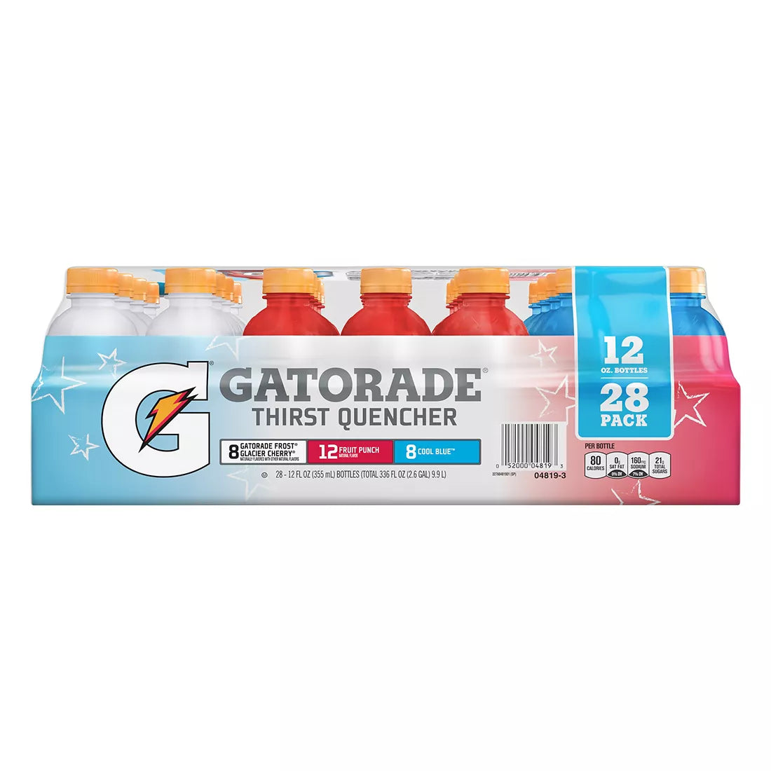 Front of Gatorade Variety Pack USA showing blue and red labels, featuring Fruit Punch and Cool Blue flavours, with 28 bottles of 355ml.