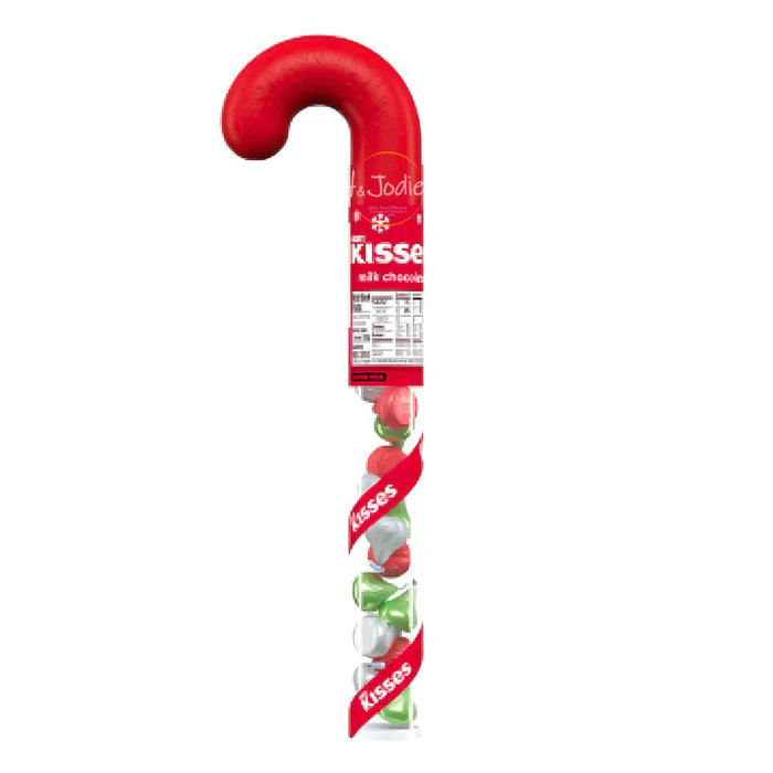 Front of Hersheys Kisses Milk Chocolate Candy Cane pack showing red and white themed packaging, candy cane graphics, and Hersheys Kisses logo (63g)