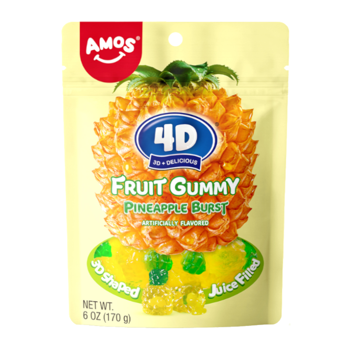 Front of Amos Pineapple Burst Fruit Gummy pouch featuring a pineapple design, 3D shaped gummies, and 170g net weight.
