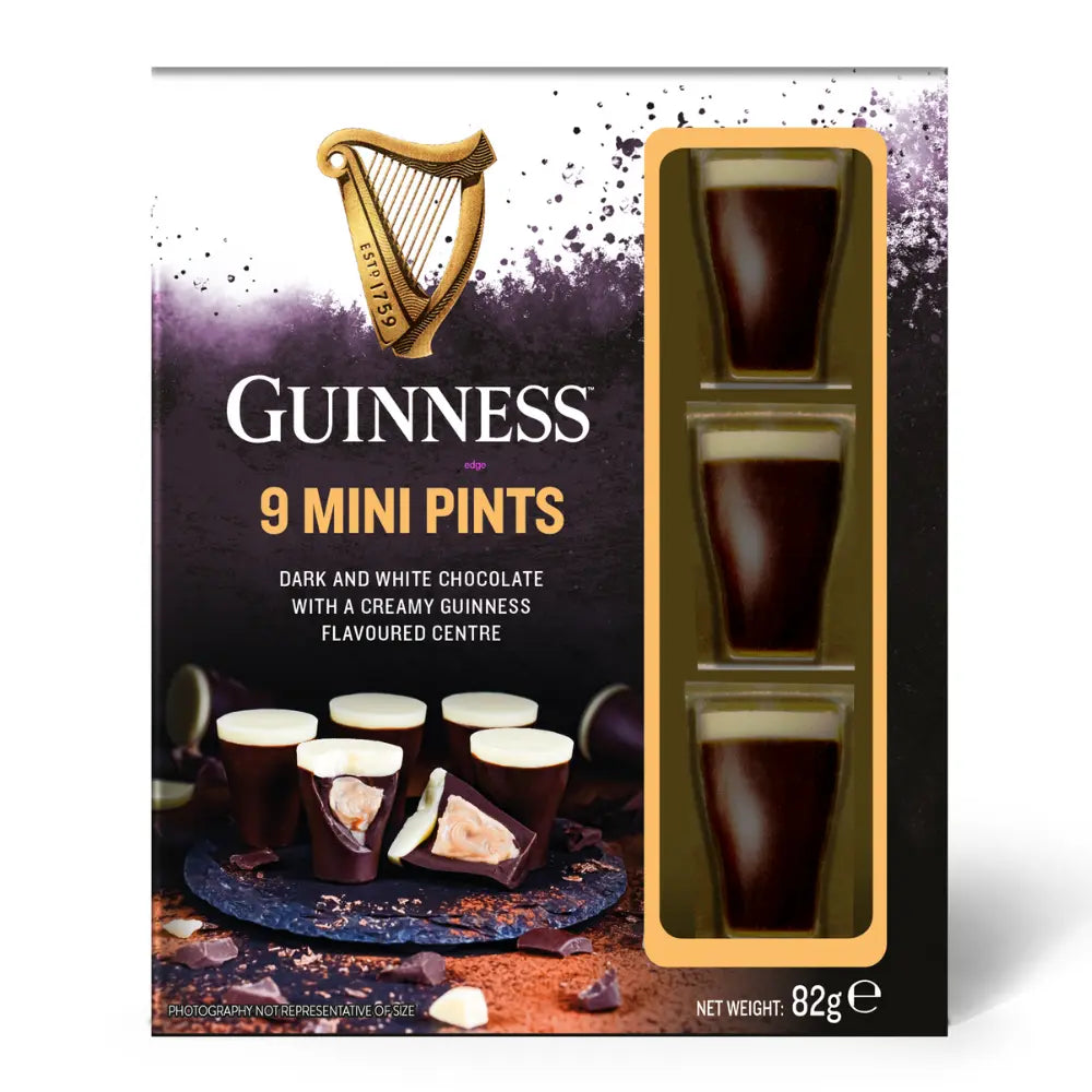 Front of Guinness Chocolate Mini Pints packaging showing dark and white chocolate pints with creamy centre and 82g weight