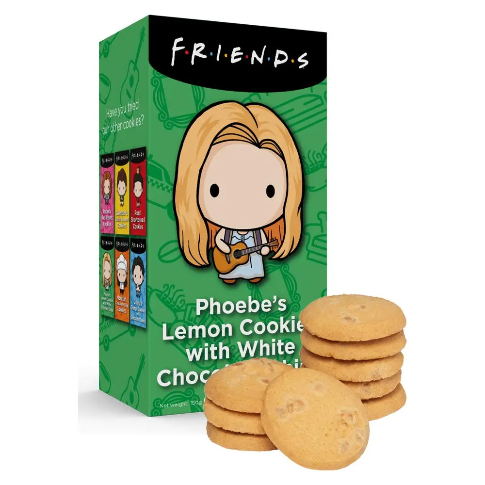 Front of Friends Phoebe's Lemon Cookies with White Chocolate Chips box featuring the character Phoebe, lemon cookie imagery, and 150g weight.