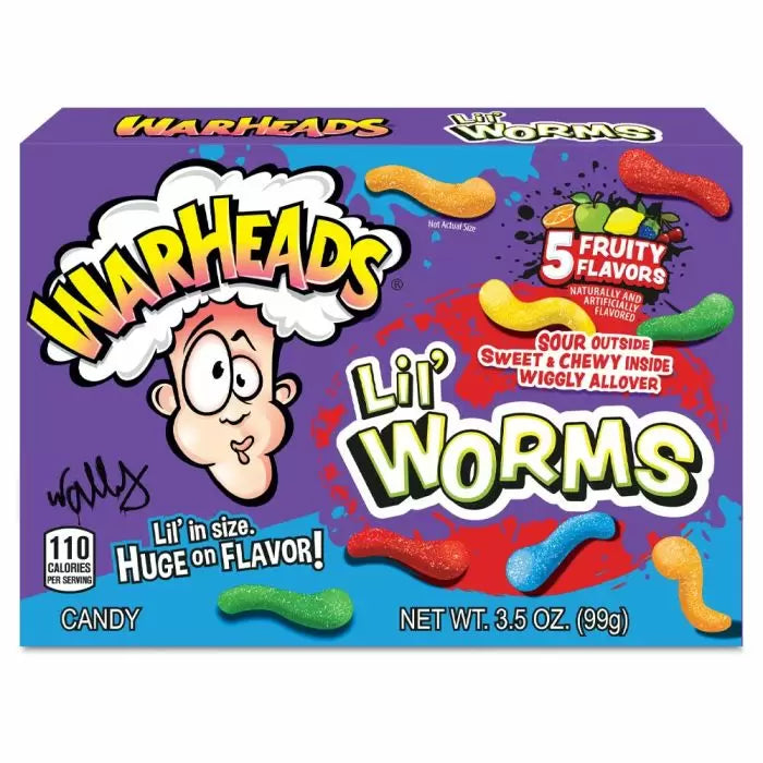 Front of Warheads Lil' Worms Theatre Box showing logo, vibrant colours, and depiction of 5 fruity flavours (99g pack)