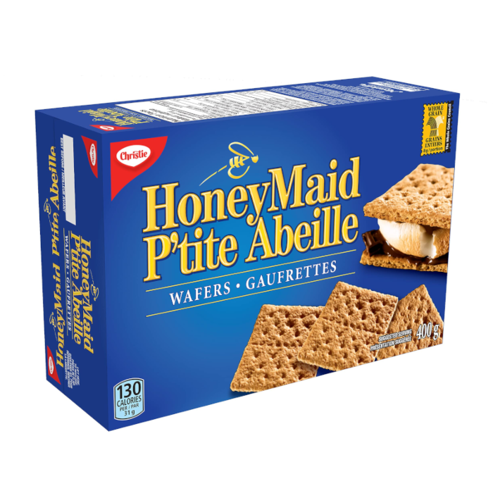 Front of Honey Maid Honey Grahams Crackers box showing the brand logo, honey grahams, and pack size of 400g