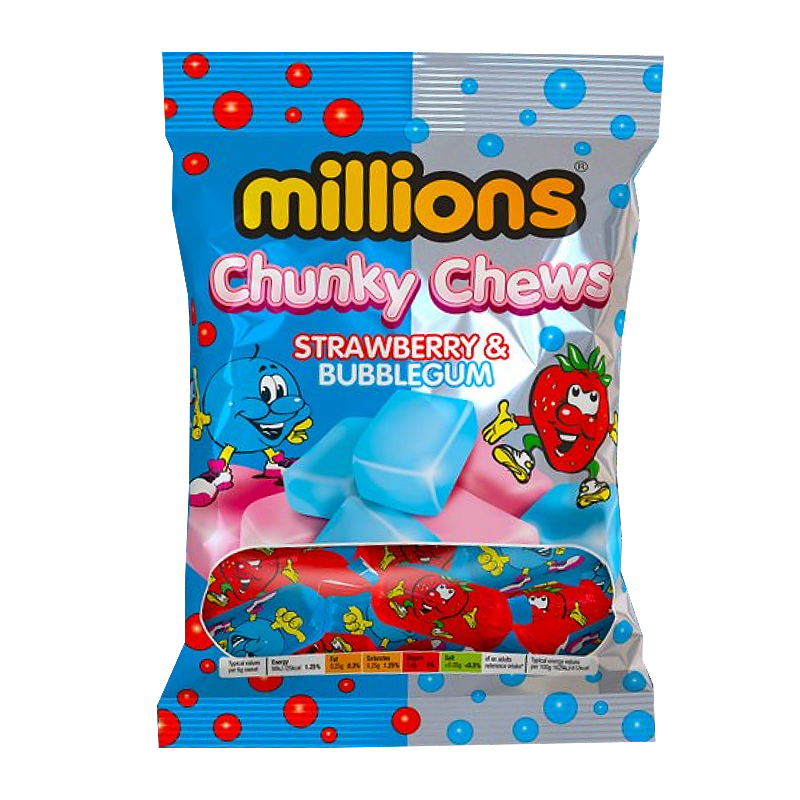 Front of Millions Chunky Chews Strawberry & Bubblegum bag showing vibrant blue and pink colours, featuring playful characters and text, 150g pack