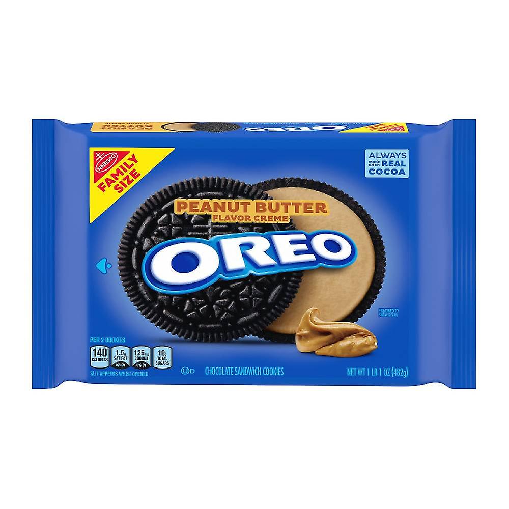 Front of Oreo Peanut Butter Creme package displaying bold logo, peanut butter flavour label, and chocolate sandwich cookies (482g pack)