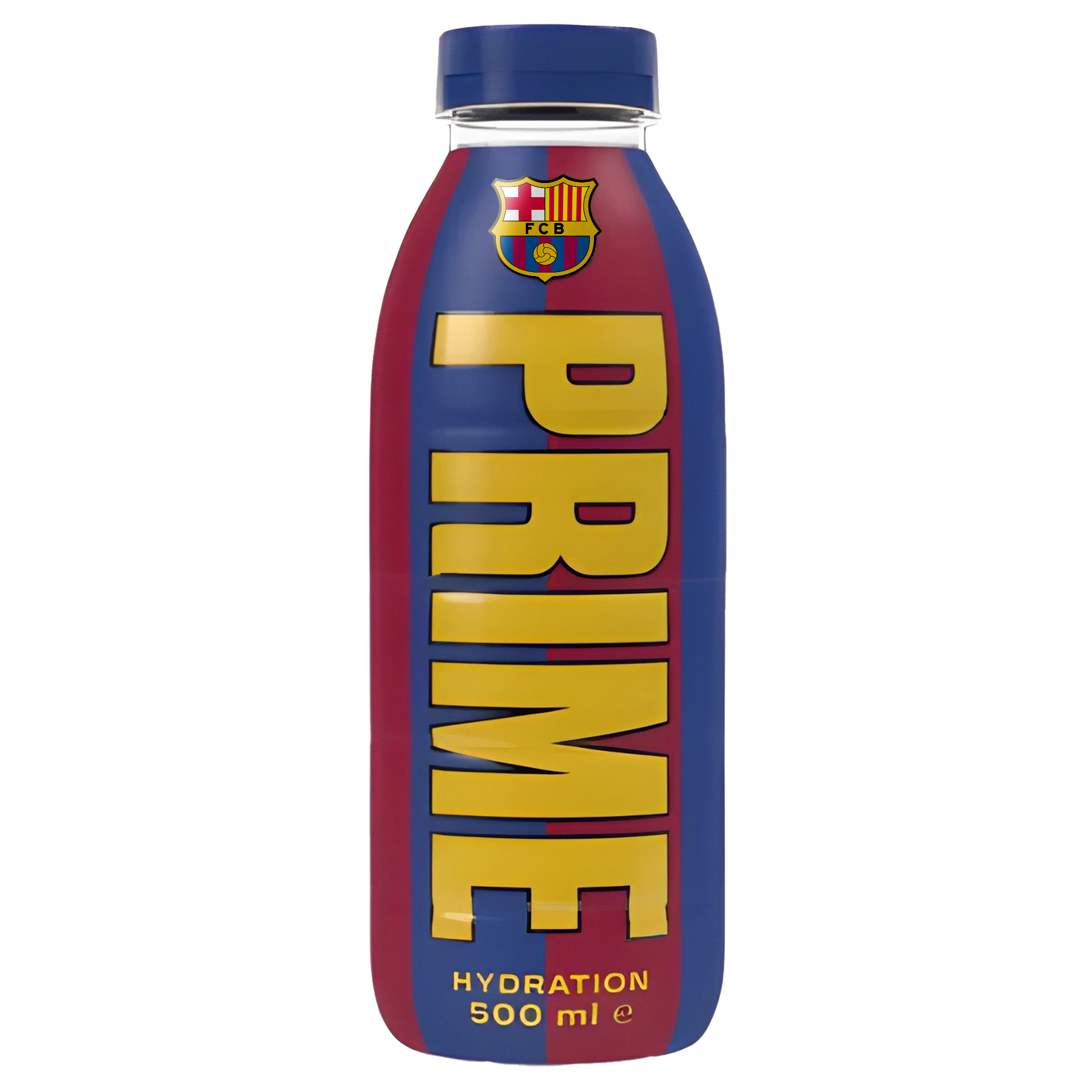 Front of Prime Hydration Barcelona Limited Edition bottle showcasing bold logo and vibrant colours with hydration details (500ml)