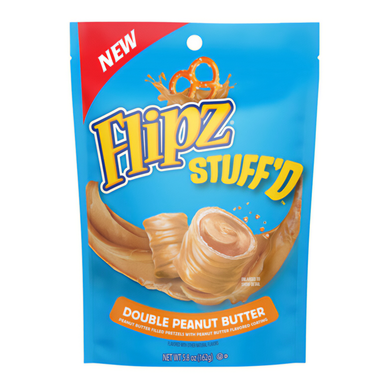 Front of Flipz Stuff'D Double Peanut Butter Filled Pretzels bag showing bold logo, double peanut butter flavour label, and image of filled pretzels (162g pack)