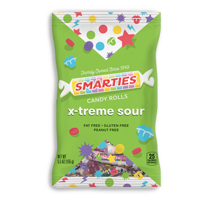 Front of Smarties Xtreme Sour bag showing vibrant green packaging with logo and colourful candy rolls (141g pack)
