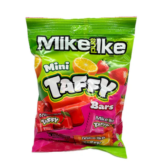 Front of Mike & Ike Mini Taffy Peg Bag showing vibrant packaging with the logo, colourful fruit imagery, and text indicating mini taffy bars (108g pack)