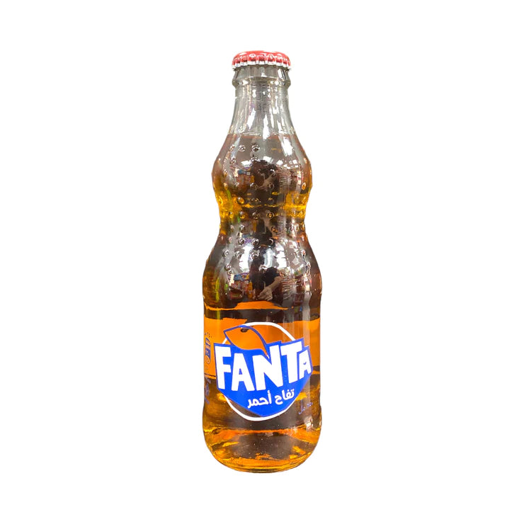 Front of Fanta Red Apple Glass Bottle showing the vibrant label with Fanta logo, red apple imagery, and 250ml designation.