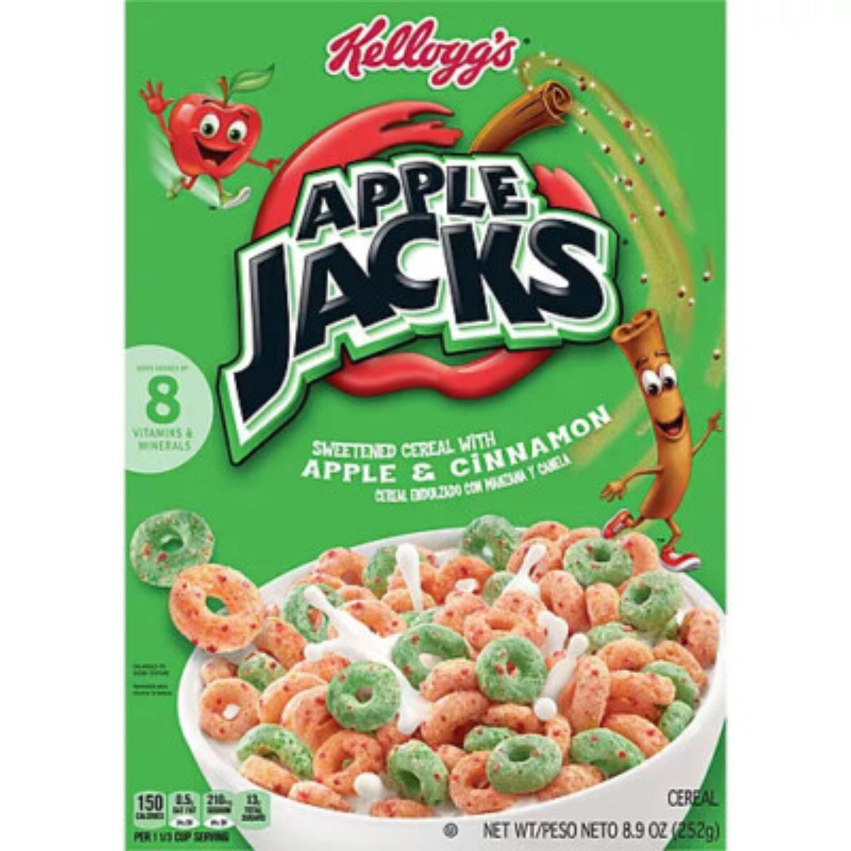 Front of Kellogg's Apple Jacks Cereal box featuring bold logo, apple and cinnamon flavour description, and image of colourful cereal (252g pack)
