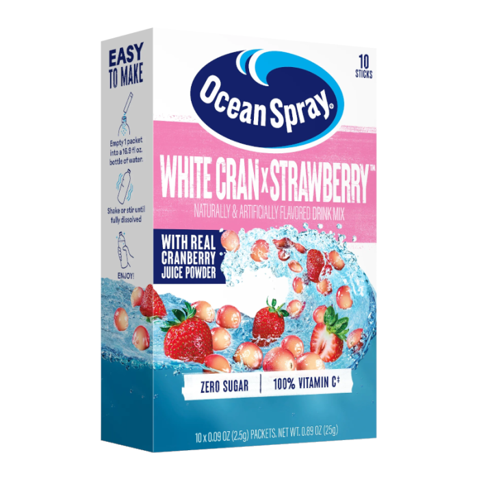 Front of Ocean Spray White Cran x Strawberry Singles to Go box showing brand logo, White Cran x Strawberry flavour label, and packaging details (25g).