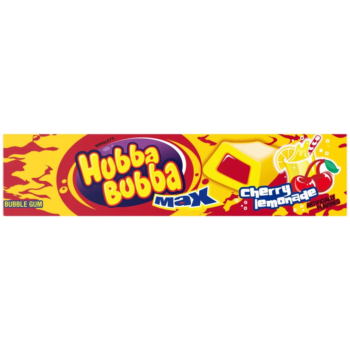 Front of Hubba Bubba Max Cherry Lemonade packaging showing colourful design, logo, and bubble gum flavour details (40g pack)