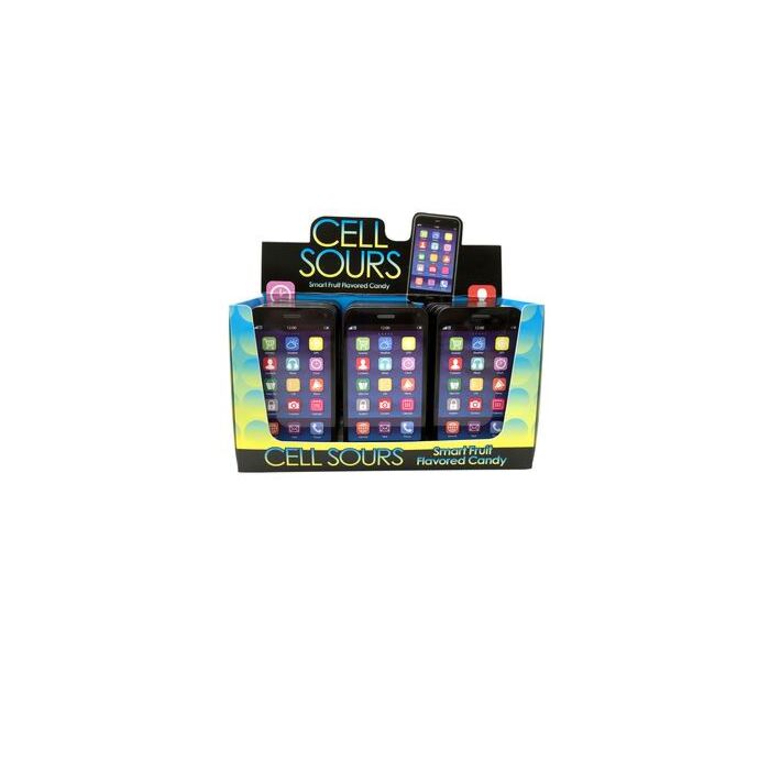 Front of Cell Phone Sour Candy Tin (28g) featuring playful mobile phone design with colourful candy icons