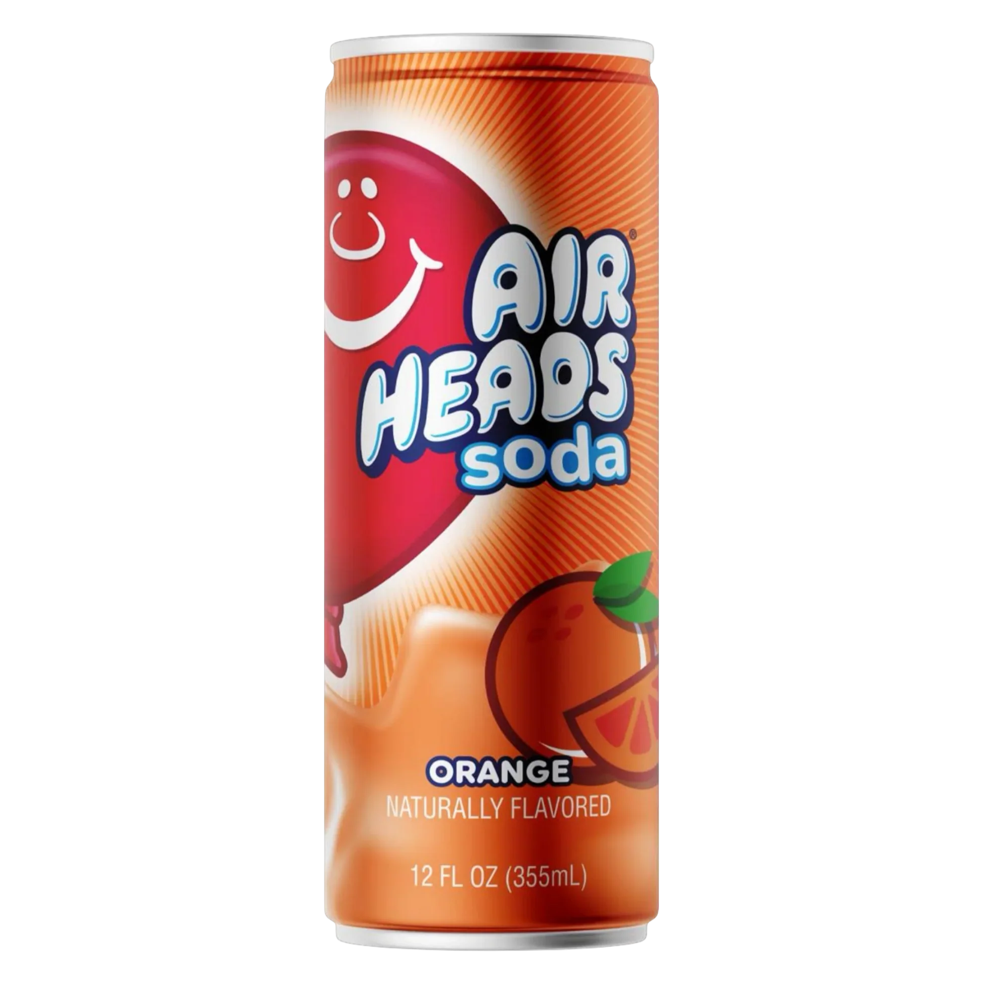 Front of Airheads Soda Orange can displaying logo, vibrant orange colour, and 355ml volume