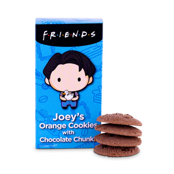 Front of Friends Joey's Orange Cookies with Chocolate Chips pack showing cartoon character, cookie image, and product name (150g pack)