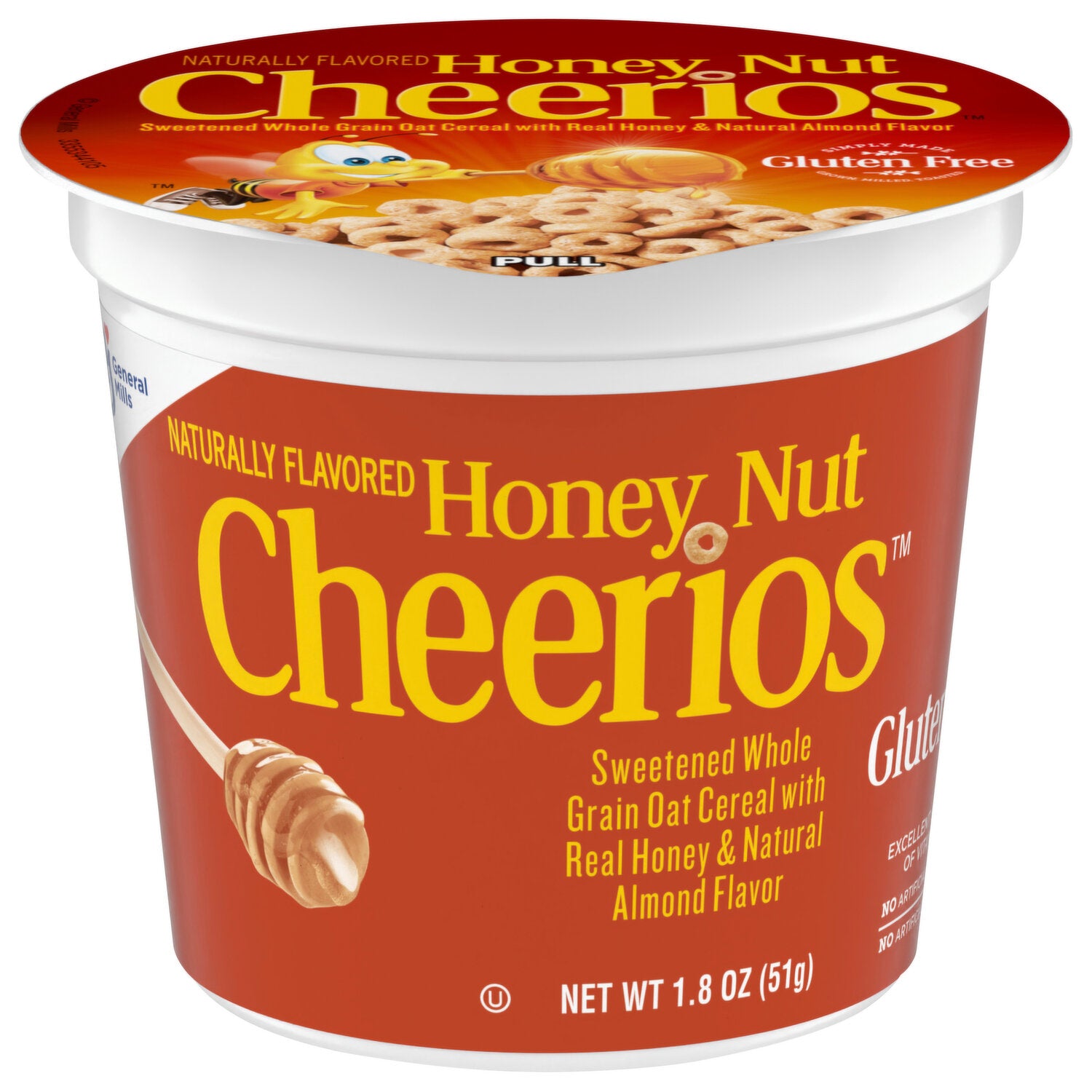 Front of Honey Nut Cheerios Cereal Cup showing the logo, sweetened whole grain oat cereal with real honey and natural almond flavour, 45g pack.