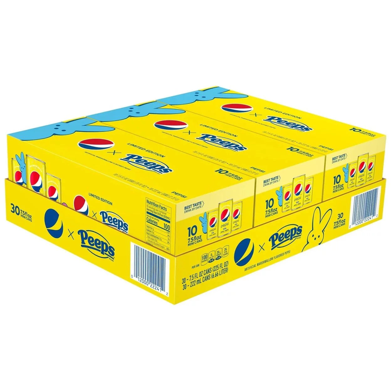 Front of Pepsi Peeps Limited Edition case showing bright yellow packaging with Pepsi and Peeps logos, featuring 30 mini 220ml cans.
