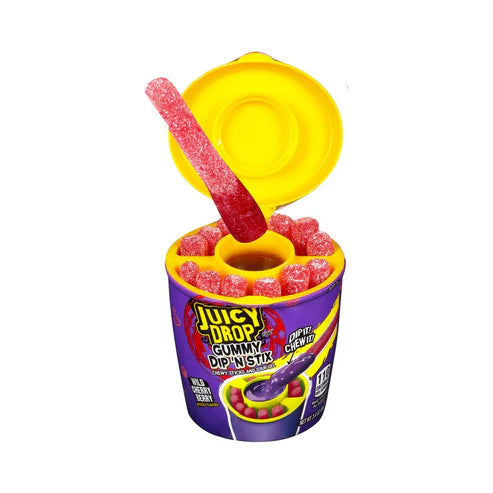 Front of Topps Juicy Drop Gummy Dip 'N Stick Wild Cherry Berry container showing the logo, colourful gummies, and dipping stick (96g pack)