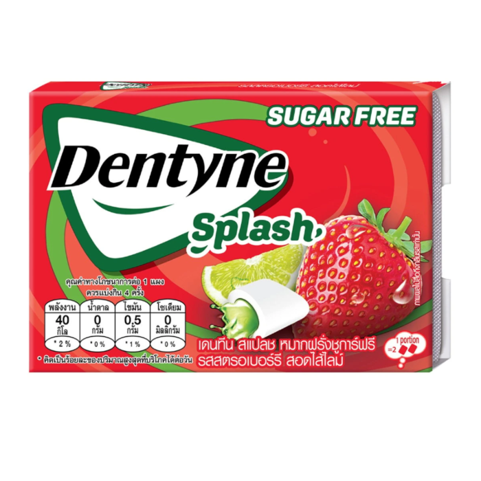 Front of Dentyne Splash Chewing Gum pack displaying the logo, strawberry and lime flavour, and 11g size.