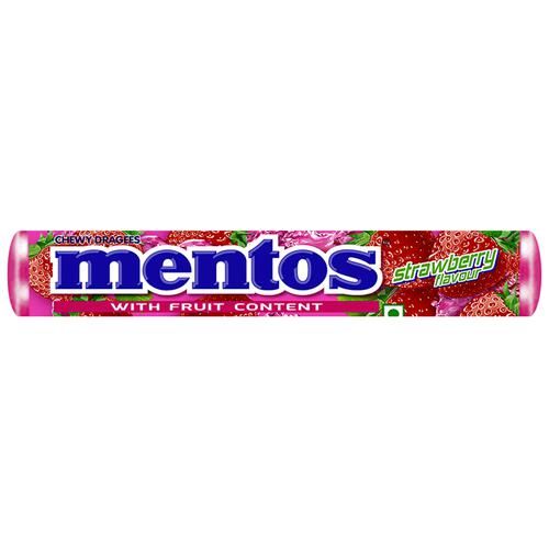 Front of Mentos Strawberry roll showing vibrant pink packaging, logo, and label details with strawberry flavour (37g pack)